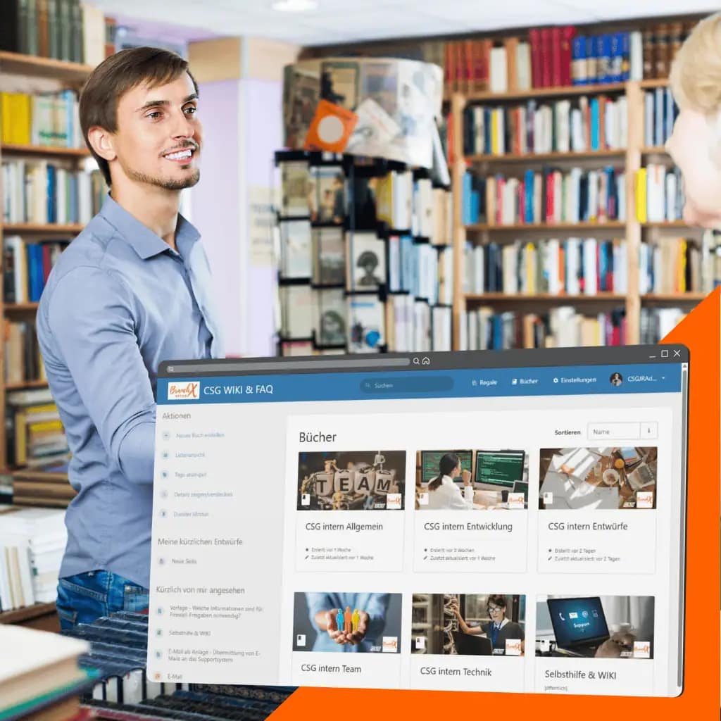 Bibliothekar übergibt Kundin ein Buch – Sinnbild für zentral zugängliches Firmenwissen mit BranchXStack im Browser