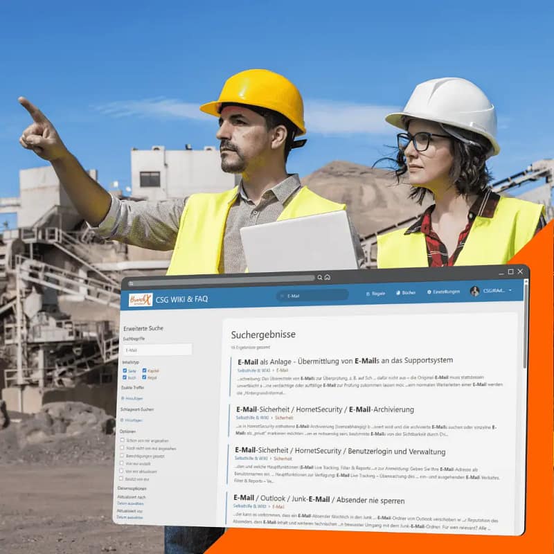 Bauleitung und Kollegin auf der Baustelle greifen mit Tablet und Notebook direkt vor Ort auf Anleitungen zu