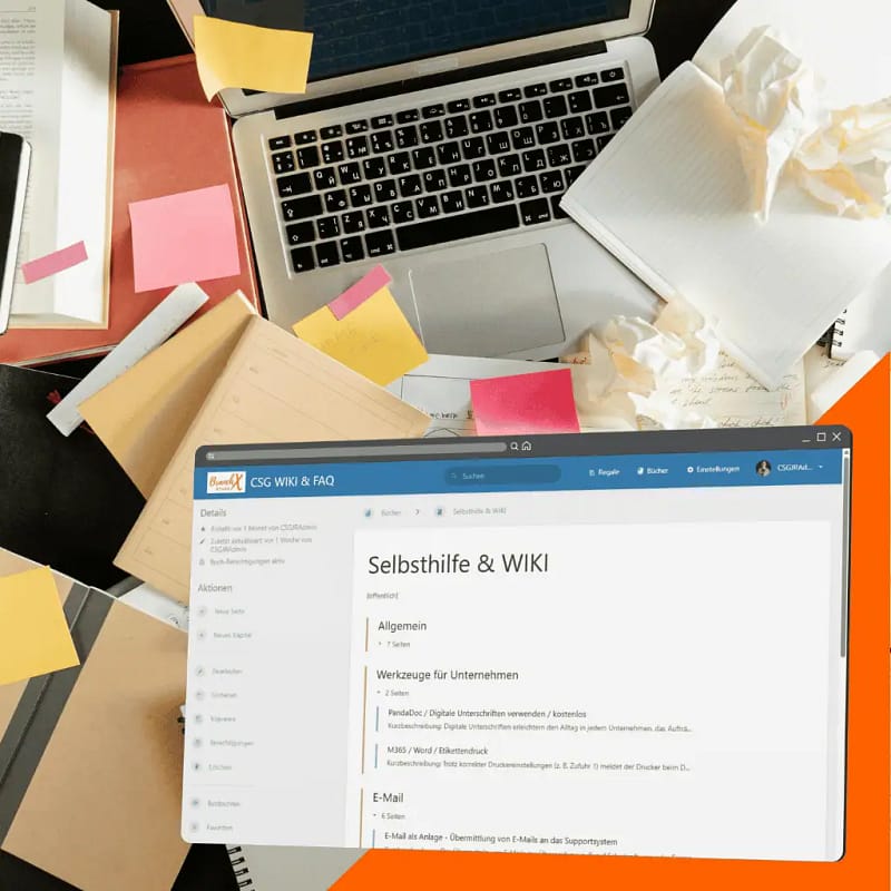 Notebook mit chaotischem Zettel-Wirrwarr auf dem Schreibtisch – typisches Wissens-Chaos ohne zentrales System